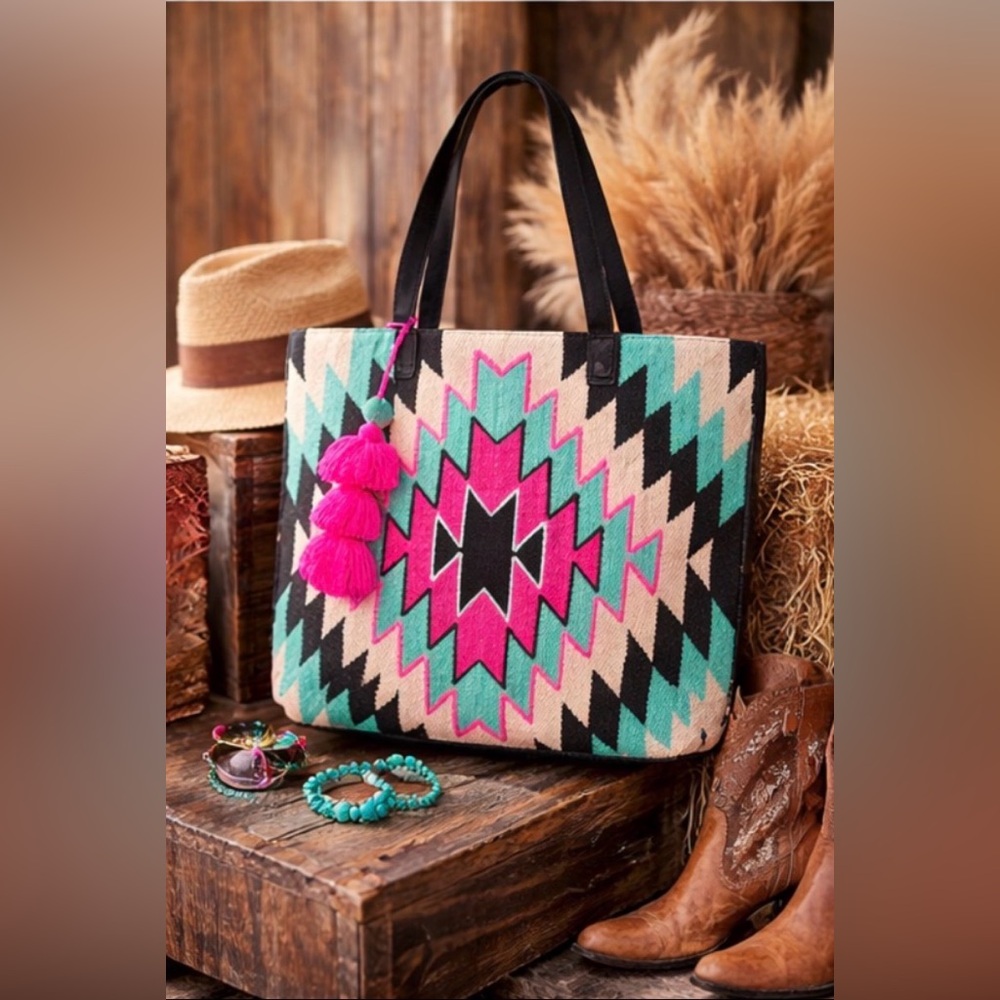 Aztec Pattern XL Tote Bag with Tassel Trim - Picture 5 of 5